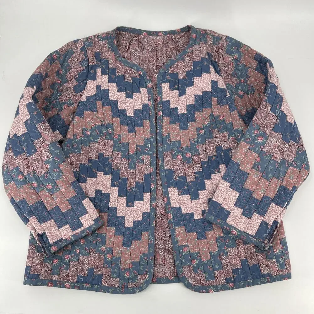 Vintage Handmade Quilted Jacket Womens Size L Blue Pink Floral Cottagecore - Picture 9 of 10